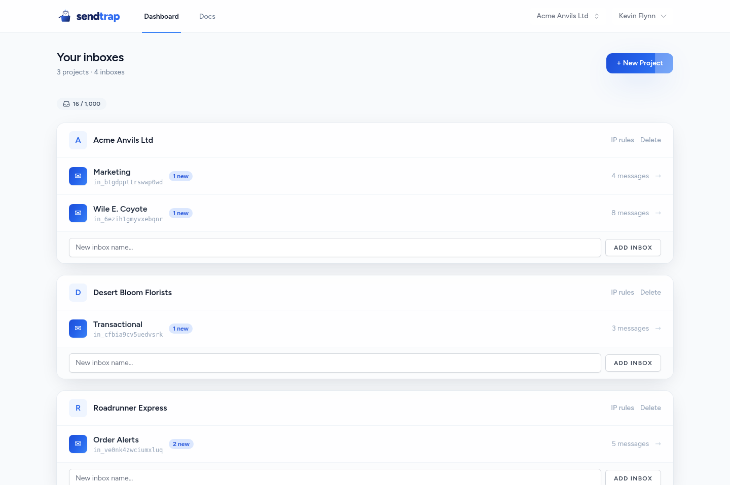 Sendtrap dashboard showing three projects with live inbox counts