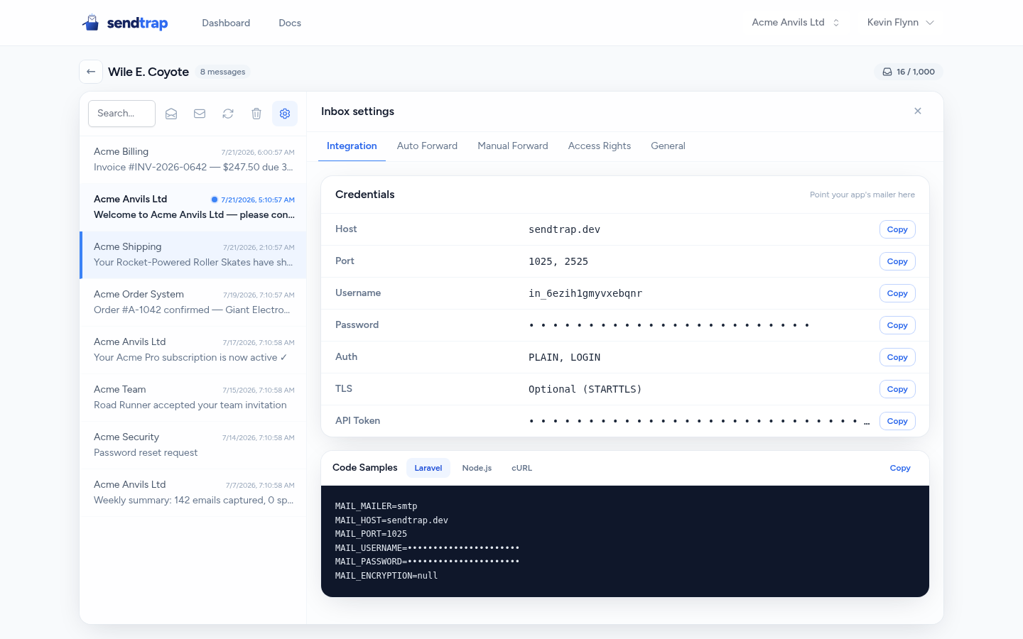 Inbox settings showing SMTP host, port, username and auto-generated password