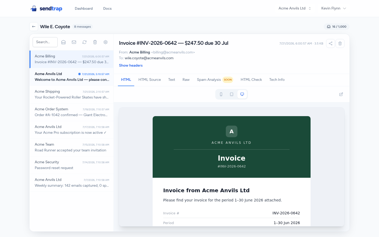 Email reader showing an invoice email with HTML preview and message metadata
