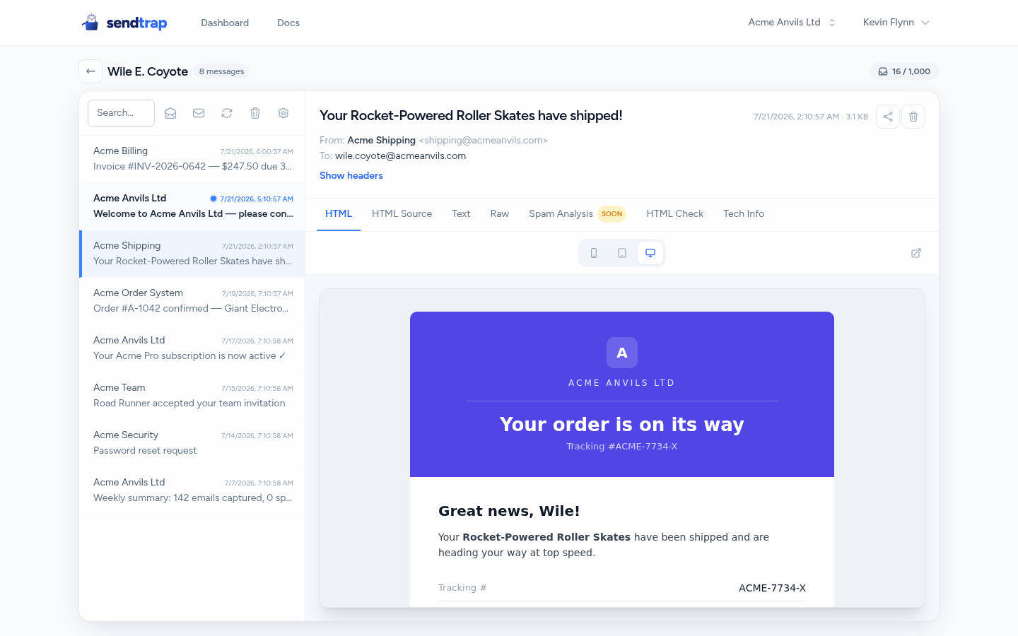 Email reader showing a shipping confirmation with HTML preview and full headers